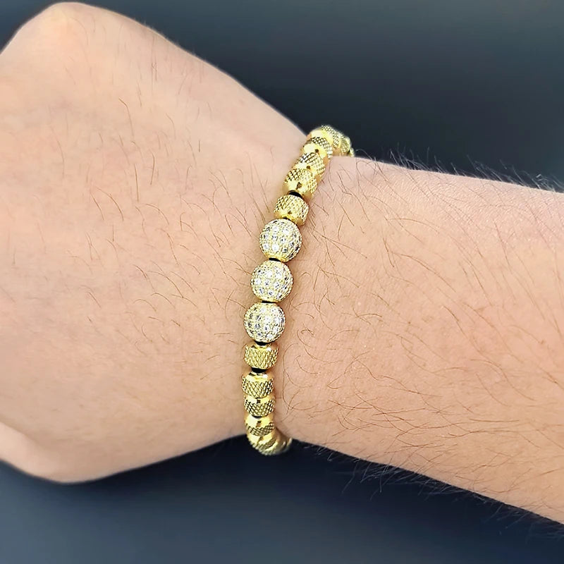Luxury Royal Golden CZ Ball Man Bracelet Stainless Steel Beads Hand Jewelry Boy Gift