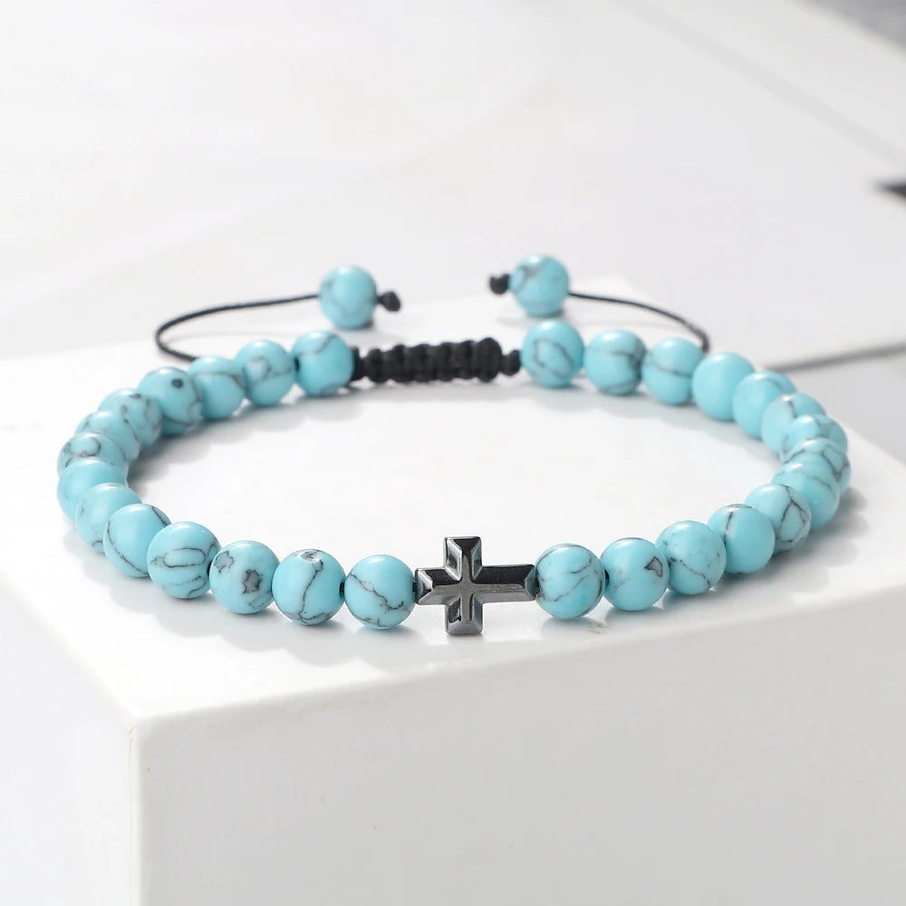 Prayer Men Handmade Woven Bracelet 6mm Natural Tiger Eye Stone Bangle with Hematite Cross Yoga Rosary Jewelry Homme Pulsera Gift