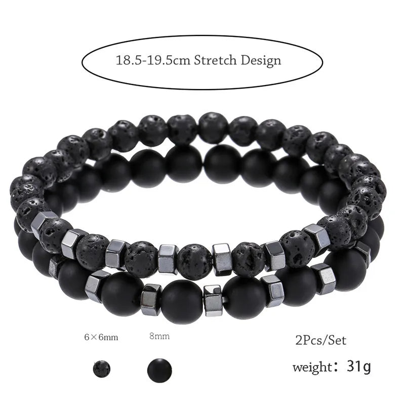 2pcs/set Beaded Bracelet Men Lava Stone Agate Tiger Eye Bead Charm Men Women Bracelet Sets Jewelry Best Gifts Pulsera Hombre