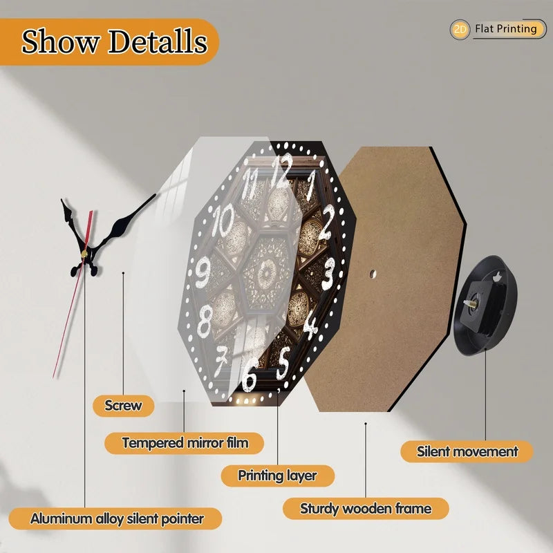 1pc Elegant Vivid Intricate Octagon Arabic Inspired Wooden Wall Clock for Bedroom Dining Room - Valentine's Day Birthday Gifts