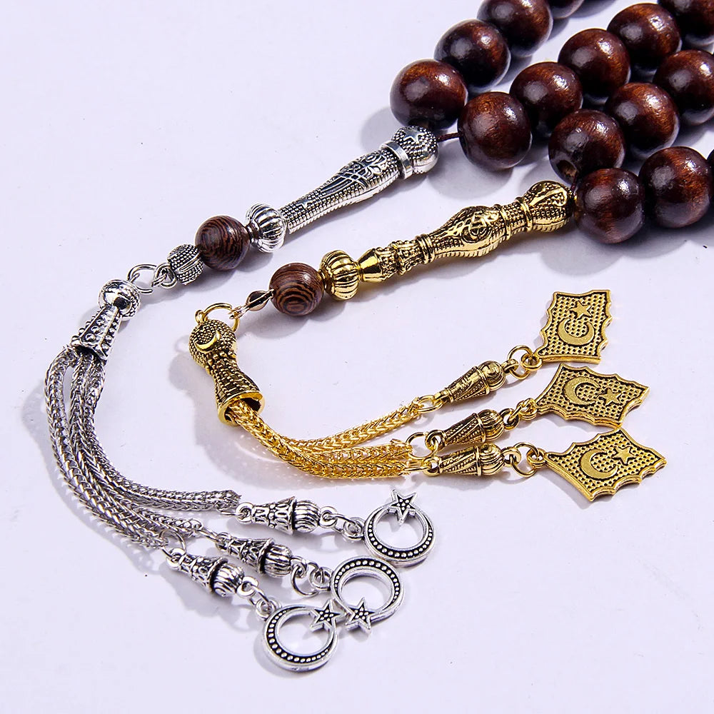 10×12mm Wooden Brown Muslim Rosary Bracelet Prayer Beads Star Moon Bracelet Ideal Gift for Ramadan Holy Anniversary Birthday