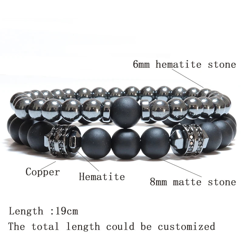 New In Unique Men Bracelet Set Luxury Black Zirconia Braclet Homme Natural Lava Tiger Eyes Stone Braslet Beaded Accessories Gift