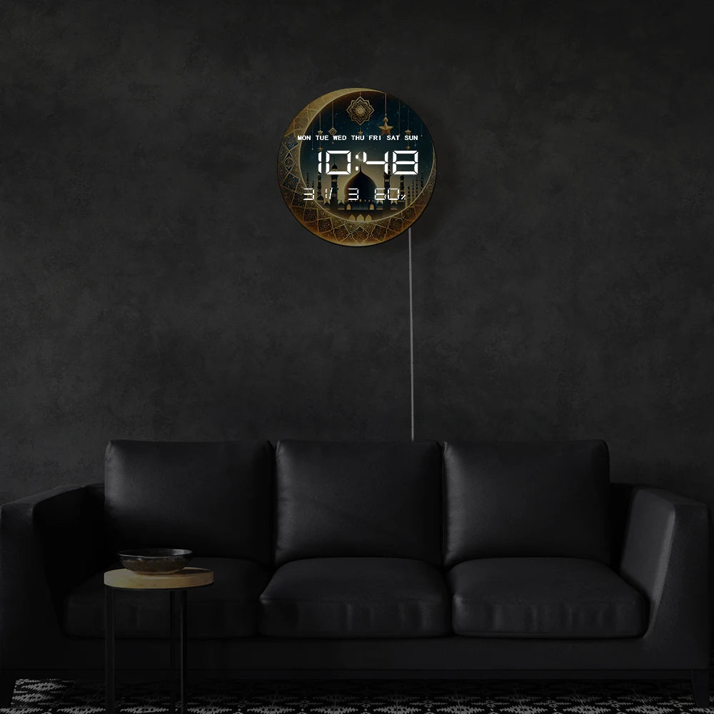 Gold Crescent Moon LED Digital Wall Clock with Timer Date Temperature Islamic Mosque Eid Mubarak Home Decor Electric Wall Clock