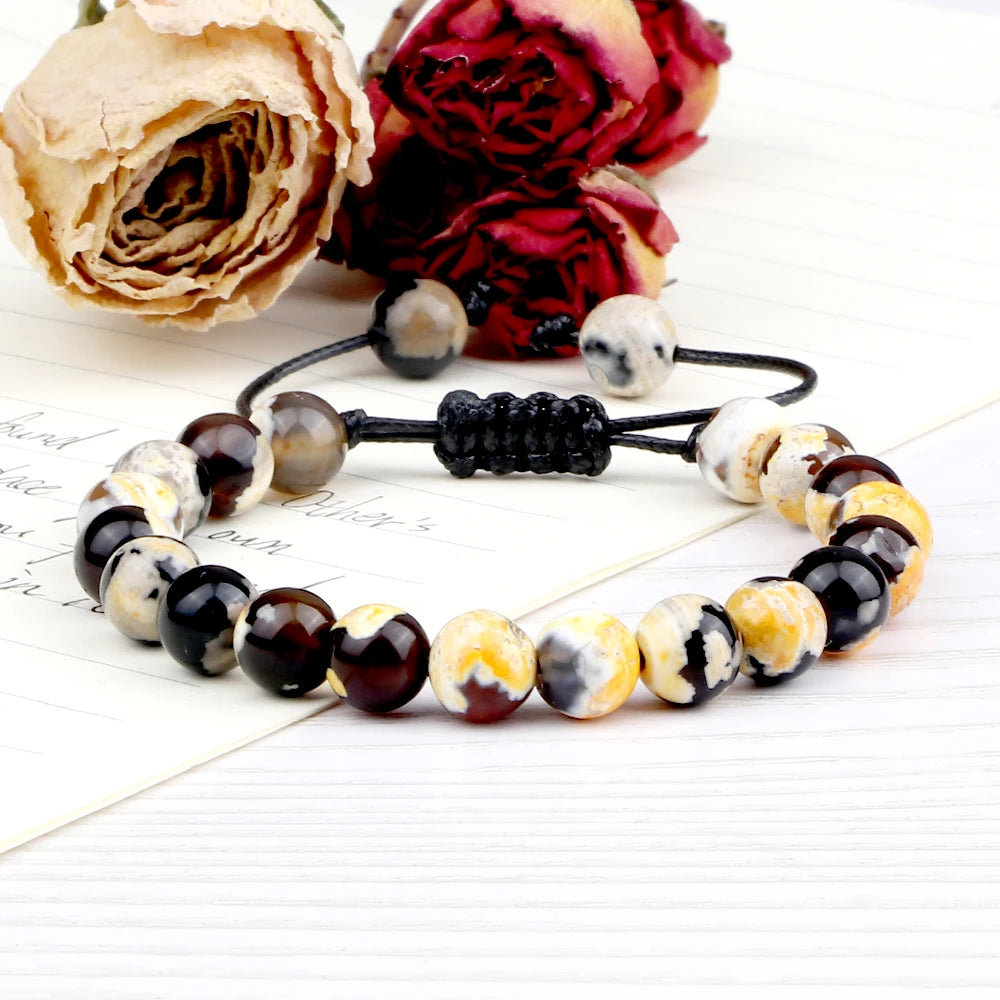 8mm Men Women Fire Agates Onyx Beads Bracelet Bangles Healing Natural Stone Chakra Prayer Charm Buddha Adjustable Jewelry Gifts