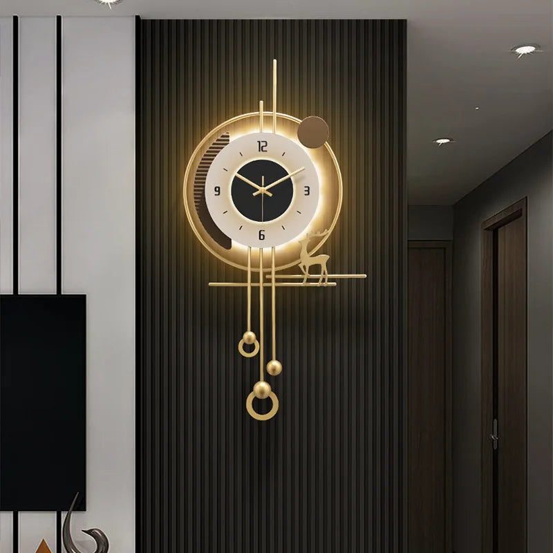 Modern minimalist TV background deer wall clock ,wooden grille decoration with lights hanging clock