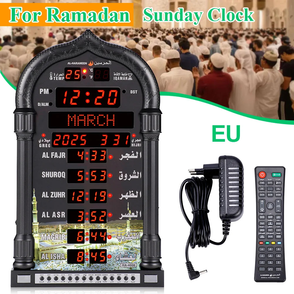 12V USEU Azan Mosque Calendar Muslim Prayer Black Wall Clock Islamic Mosque Azan Calendar Ramadan Home Decor with Remote Control