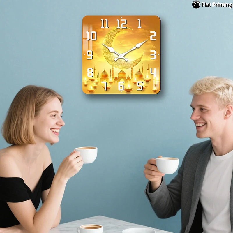 Wall Clock Islamic-themed crescent moon minarets Quartz Square Analog Bedroom Bathroom Christmas Halloween Birthdays Gift