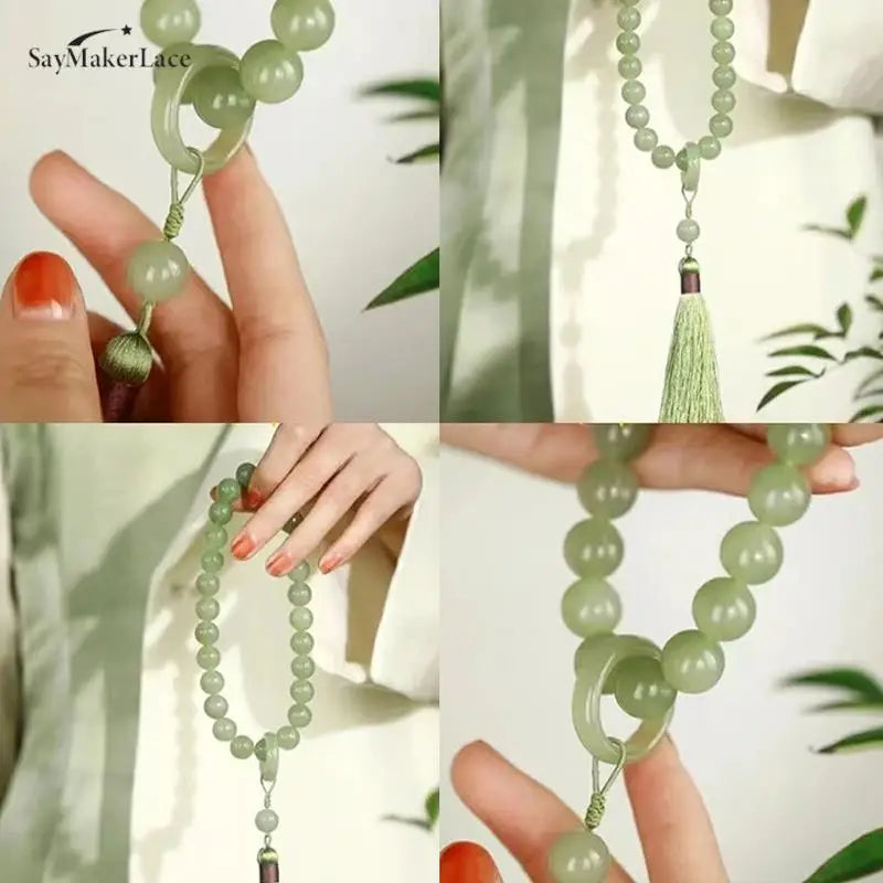 1pcs Green Jade Stone 12mm Beads Tassel Bracelet Necklace Tibetan Buddhist Buddha Charm Rosary Yoga Men Woman Jewelry