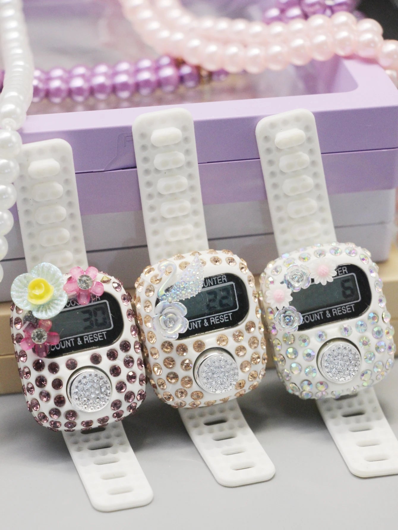 7 Colors Islamic Prayer Counter + 99 Beads Crystal Tasbih Set | Bow/Flower/Insect Random | Transparent Gift Box