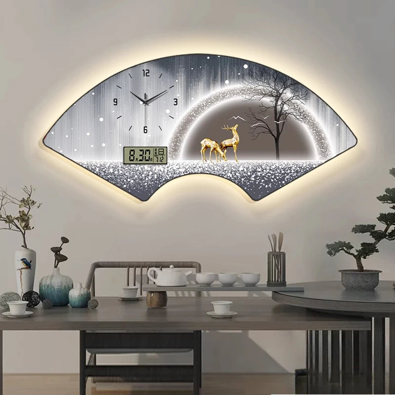 Fan-shaped Perpetual Calendar Electronic Clock Simple Wall Clock Living Room Dining Room Decoration Lamp Picture Clock