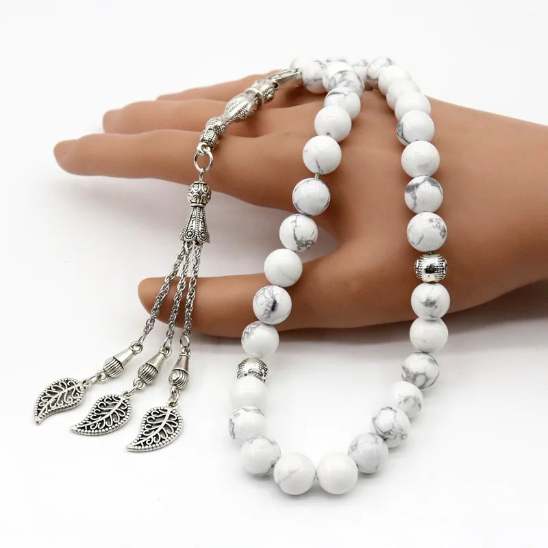 33 Tasbih Beads White turquoise 8 mm Oval Natural  Stone  Muslim Bracelets Prayer Beads Islamic Misbaha