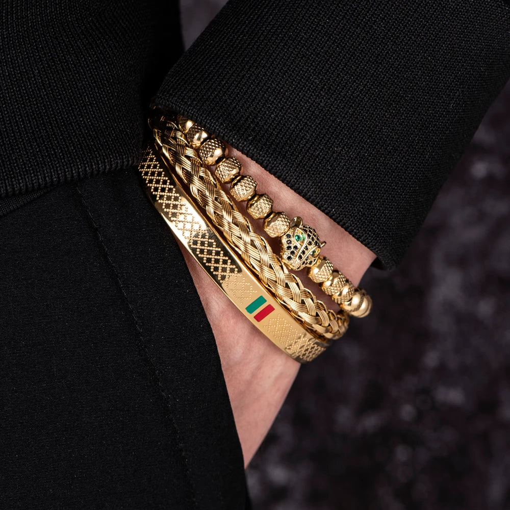 Luxury Handmade Braiding Bracelet  Men Pave CZ Leopard Head Enamel Green Red Bracelet Stainless Steel Jewelry Dropshipping