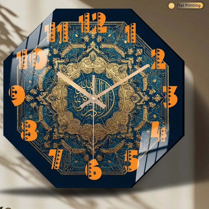Distinctive Luxurious Arabic Calligraphy Octagonal Blue Wall Clock for Farmhouse and Bedroom - Romantic Valentine's Day Gift