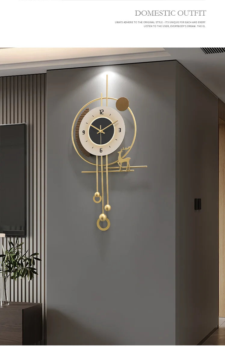 Modern minimalist TV background deer wall clock ,wooden grille decoration with lights hanging clock