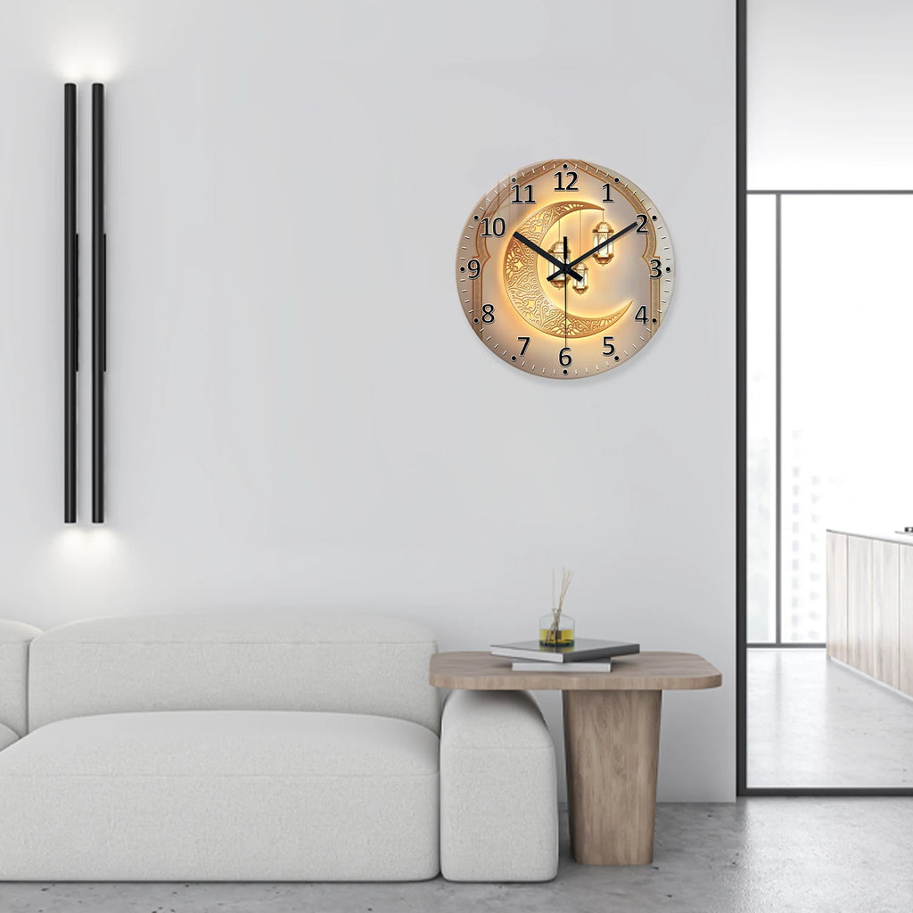 A Modern Accessible Luxury Golden Moon Lantern 4mm Thickeneded Tempered Glass Wall Clock Living Room Bedroom Kitchen Home Decoration Wall Clock Silent Quartz Clock Kaishi Gift 12 Inches 14 Inches 16inch (No Battery)
