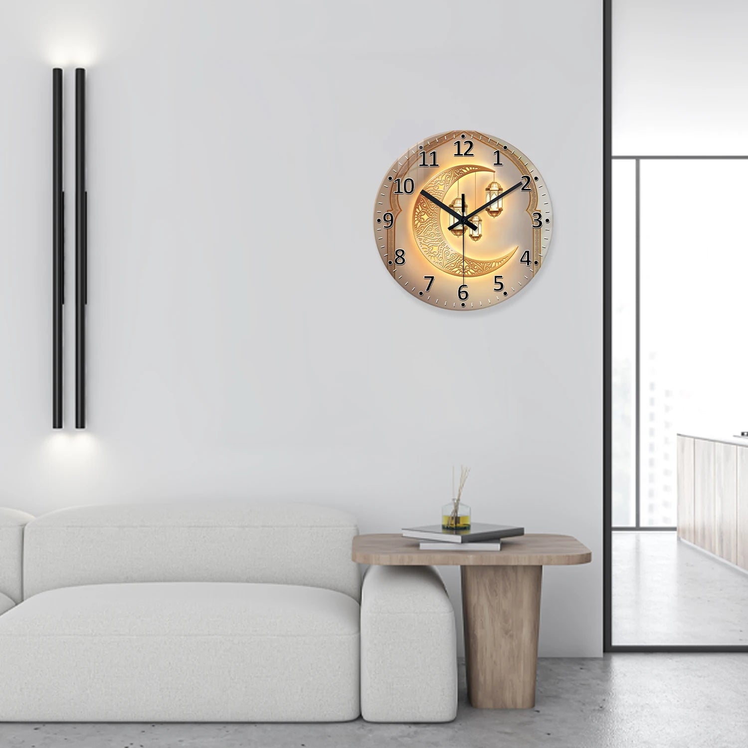A Modern Accessible Luxury Golden Moon Lantern 4mm Thickeneded Tempered Glass Wall Clock Living Room Bedroom Kitchen Home Decoration Wall Clock Silent Quartz Clock Kaishi Gift 12 Inches 14 Inches 16inch (No Battery)