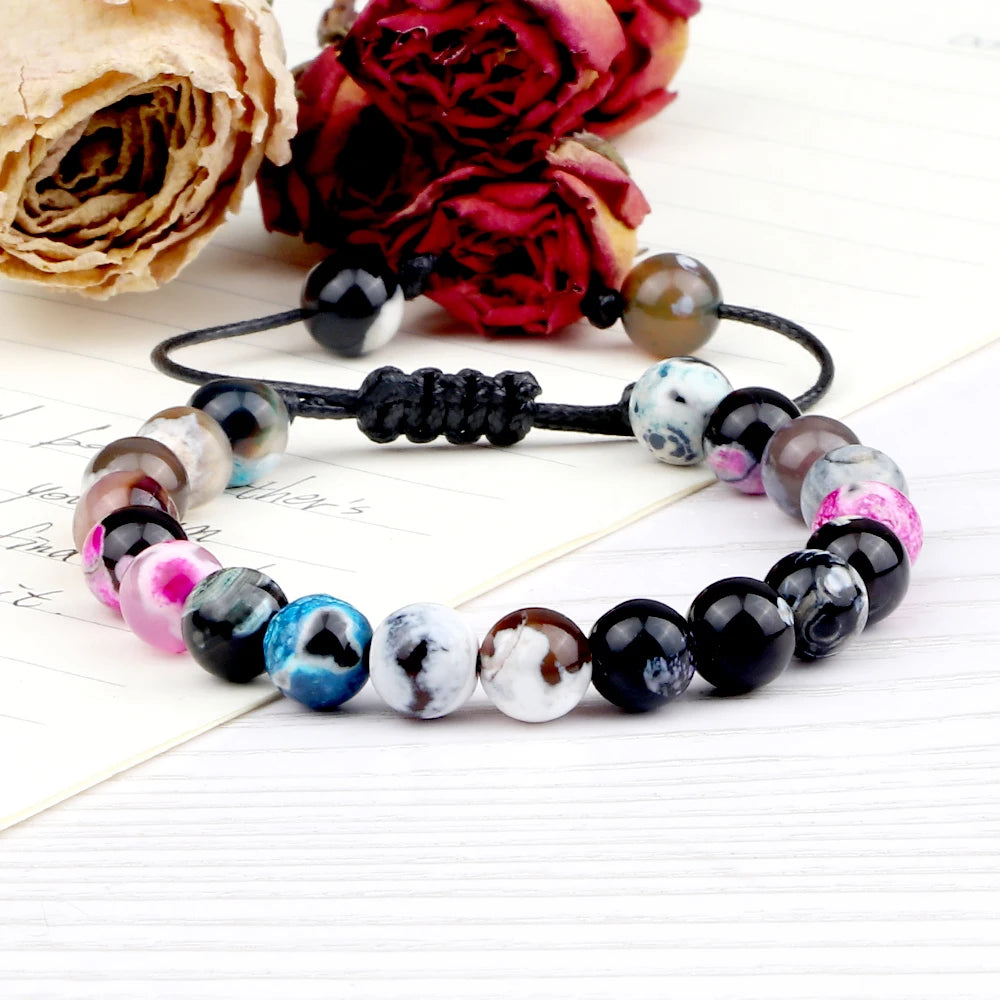 8mm Men Women Fire Agates Onyx Beads Bracelet Bangles Healing Natural Stone Chakra Prayer Charm Buddha Adjustable Jewelry Gifts