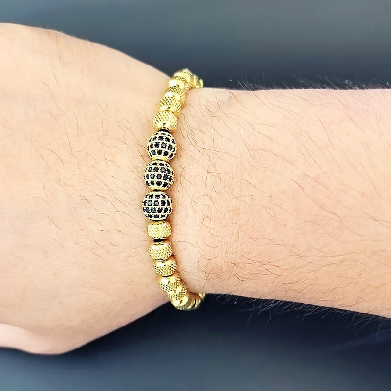 Luxury Royal Golden CZ Ball Man Bracelet Stainless Steel Beads Hand Jewelry Boy Gift