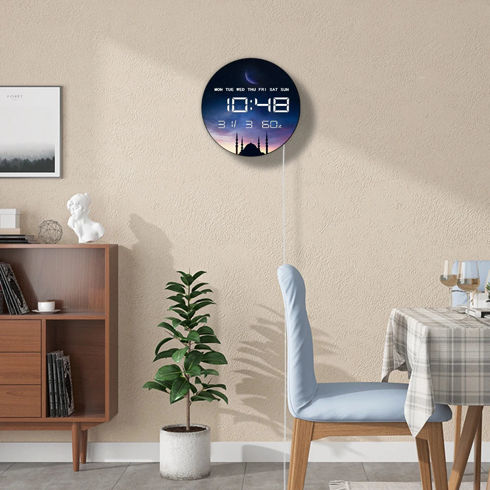 Islamic Eid Celebration Golden Crescent Moon LED Digital Wall Clock with Temperature Humidity Date Calendar Electric Wall Clock