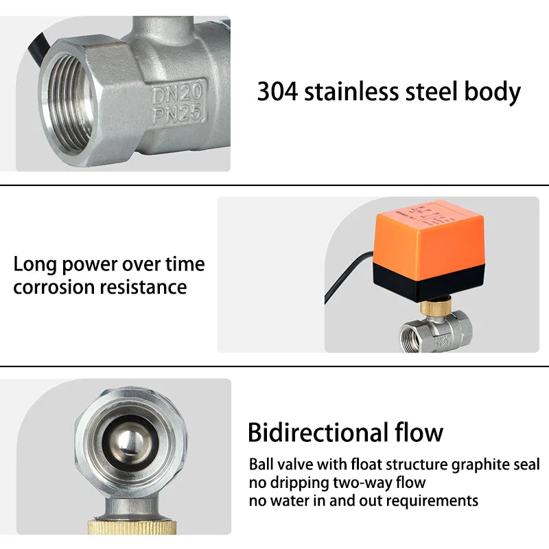 AC220V DC12V-24V Electric Thread Stainless Steel Ball Valve 2-control 3-wire Solenoid Water Valve Actuator, DN15/20/25/32/40/50