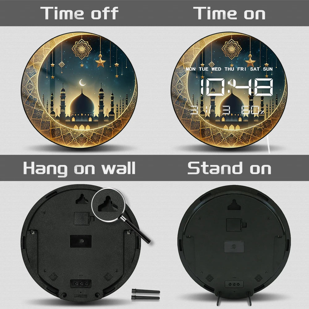Gold Crescent Moon LED Digital Wall Clock with Timer Date Temperature Islamic Mosque Eid Mubarak Home Decor Electric Wall Clock