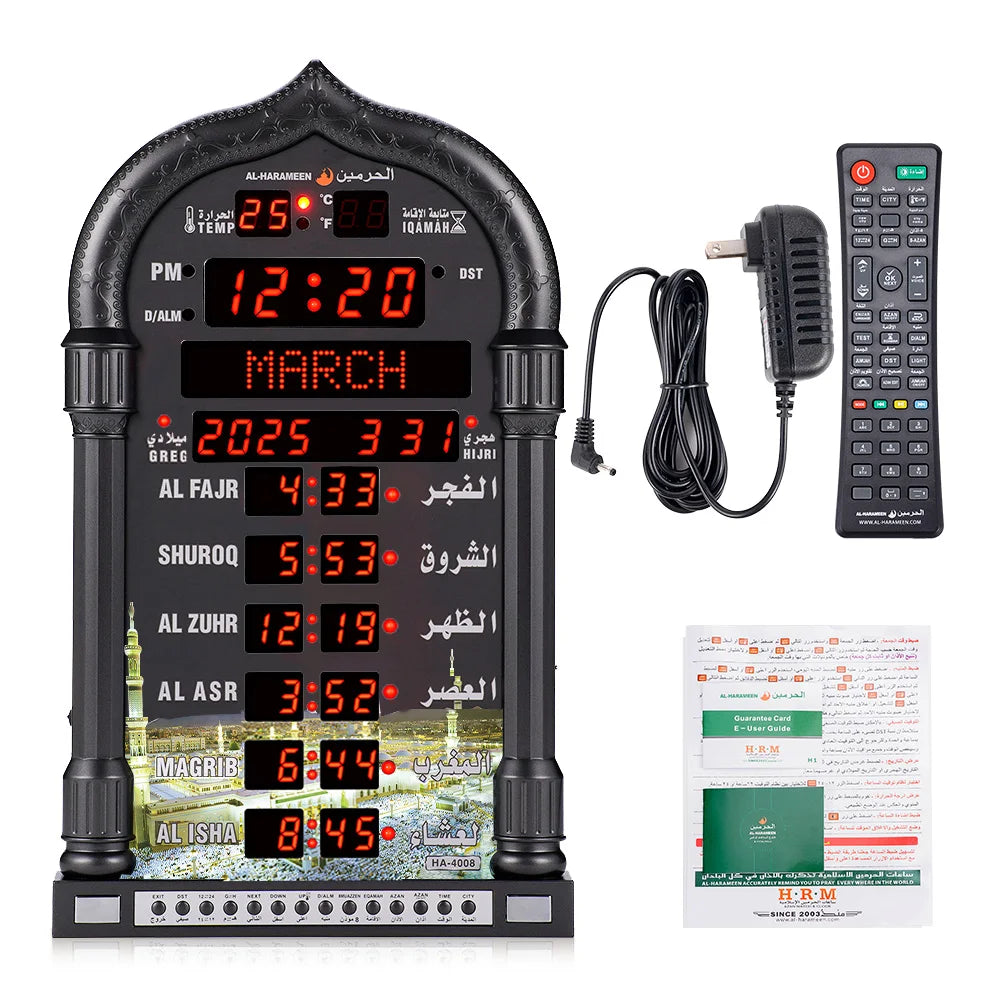 12V USEU Azan Mosque Calendar Muslim Prayer Black Wall Clock Islamic Mosque Azan Calendar Ramadan Home Decor with Remote Control