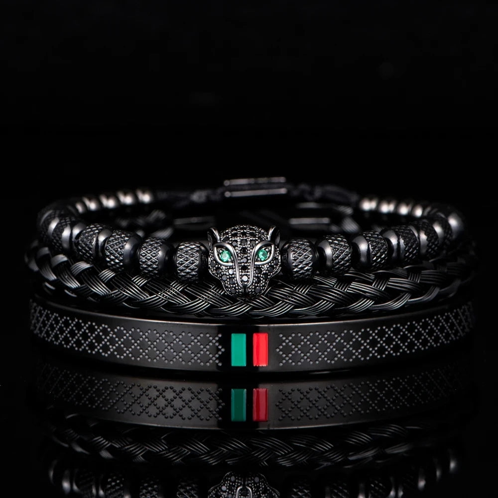 Luxury Handmade Braiding Bracelet  Men Pave CZ Leopard Head Enamel Green Red Bracelet Stainless Steel Jewelry Dropshipping