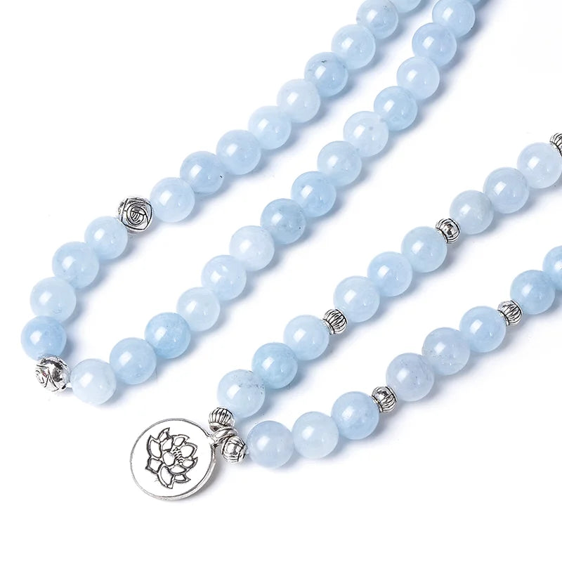 108 8mm Aquamarine Beaded Elastic Cord Wrap Mala Bracelet Meditation Yoga Healing Jewelry Women Charm Rosary Lotus Bangle