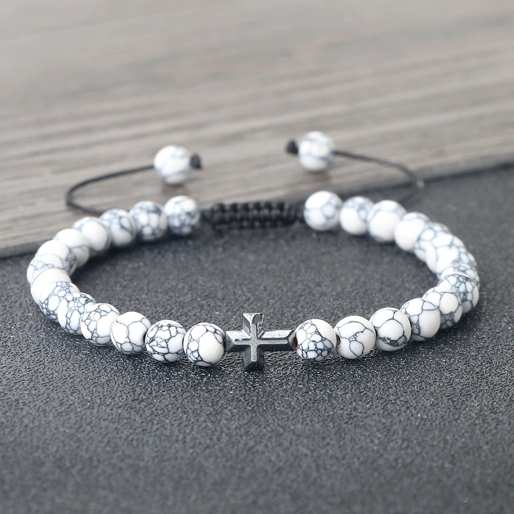 Prayer Men Handmade Woven Bracelet 6mm Natural Tiger Eye Stone Bangle with Hematite Cross Yoga Rosary Jewelry Homme Pulsera Gift