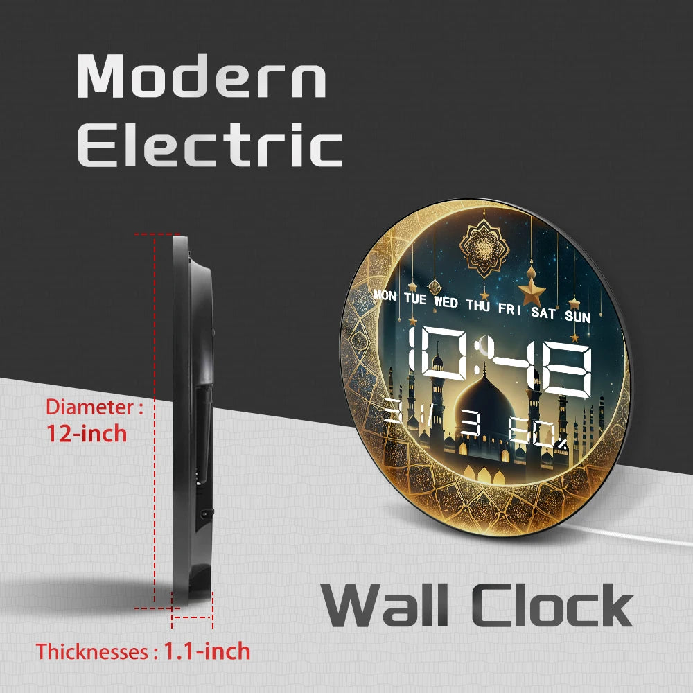 Gold Crescent Moon LED Digital Wall Clock with Timer Date Temperature Islamic Mosque Eid Mubarak Home Decor Electric Wall Clock