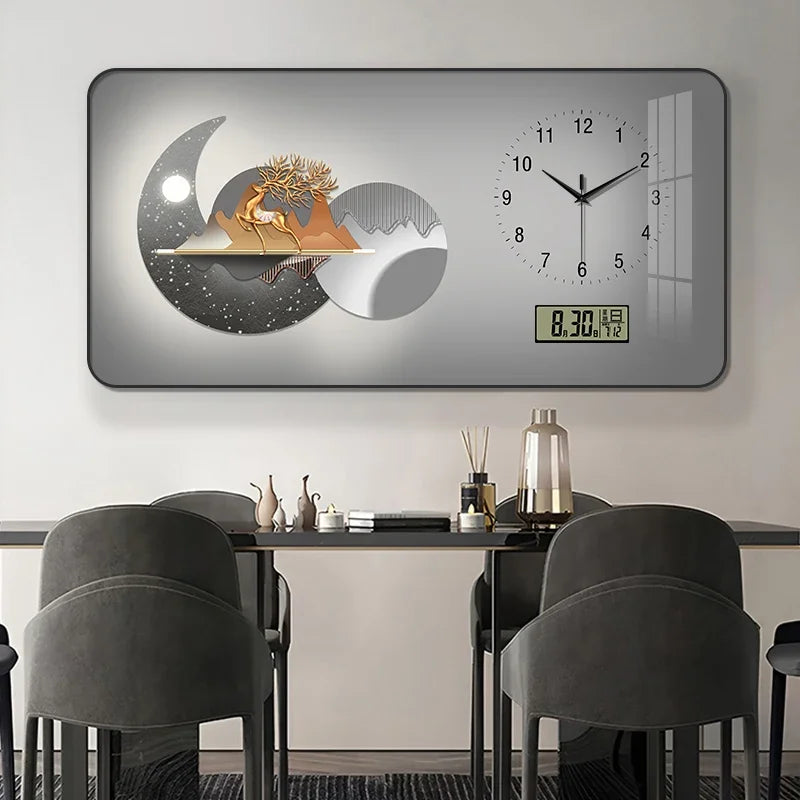 Nordic Light Luxury Clock Wall Clock Living Room and Restaurant Decoration Painting Light and Shadow Elk Perpetual Calendar