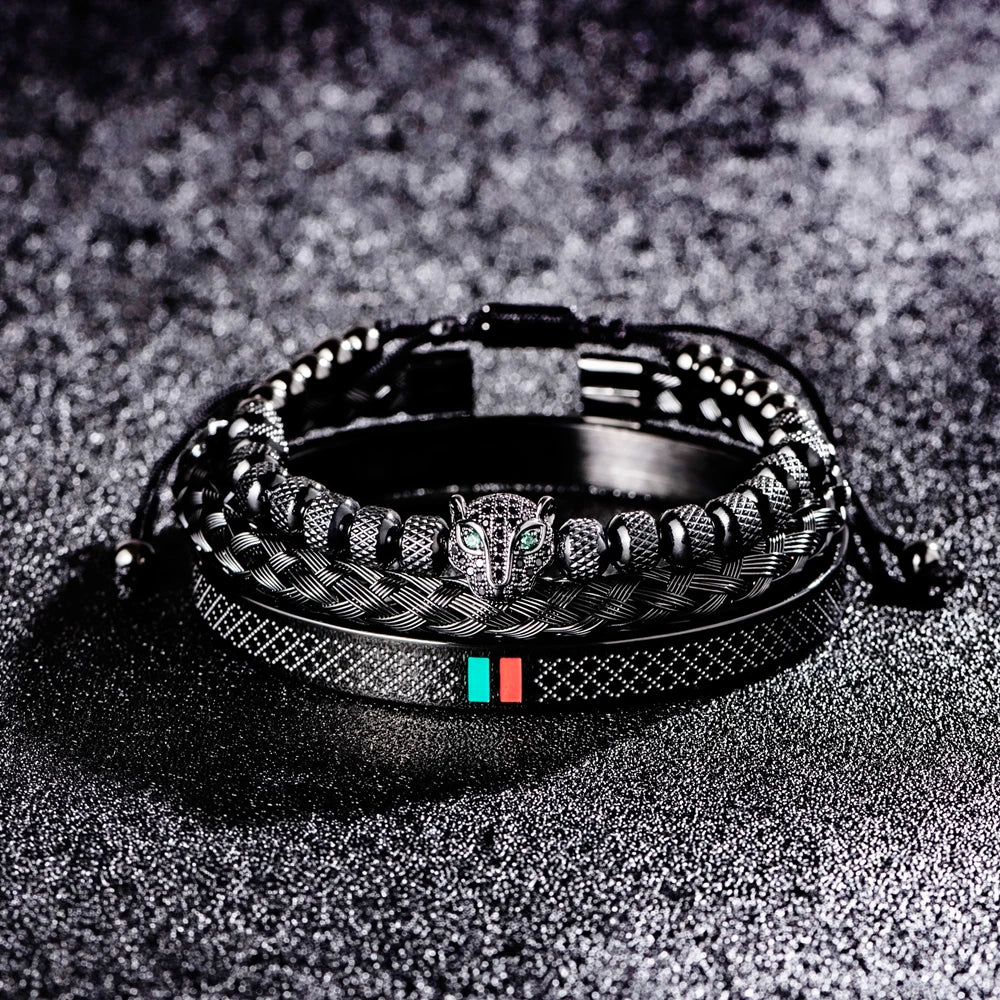 Luxury Handmade Braiding Bracelet  Men Pave CZ Leopard Head Enamel Green Red Bracelet Stainless Steel Jewelry Dropshipping