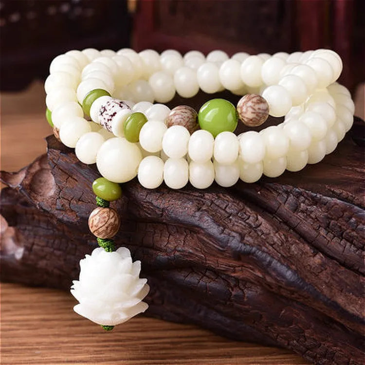 108*8mm Original Design Natural White Bodhi Root Beads Bracelet Lotus Bract for Women Meditation Balancing Jewelry Gift