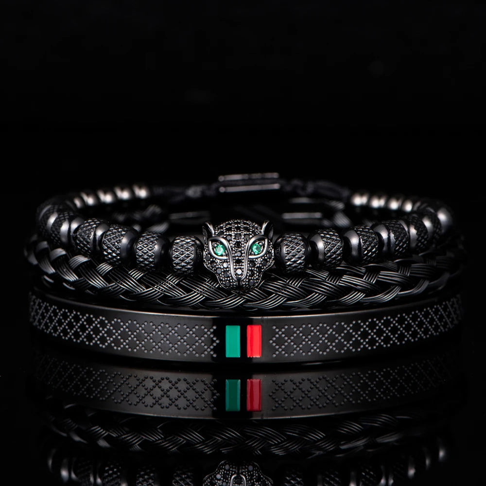 Luxury Handmade Braiding Bracelet  Men Pave CZ Leopard Head Enamel Green Red Bracelet Stainless Steel Jewelry Dropshipping