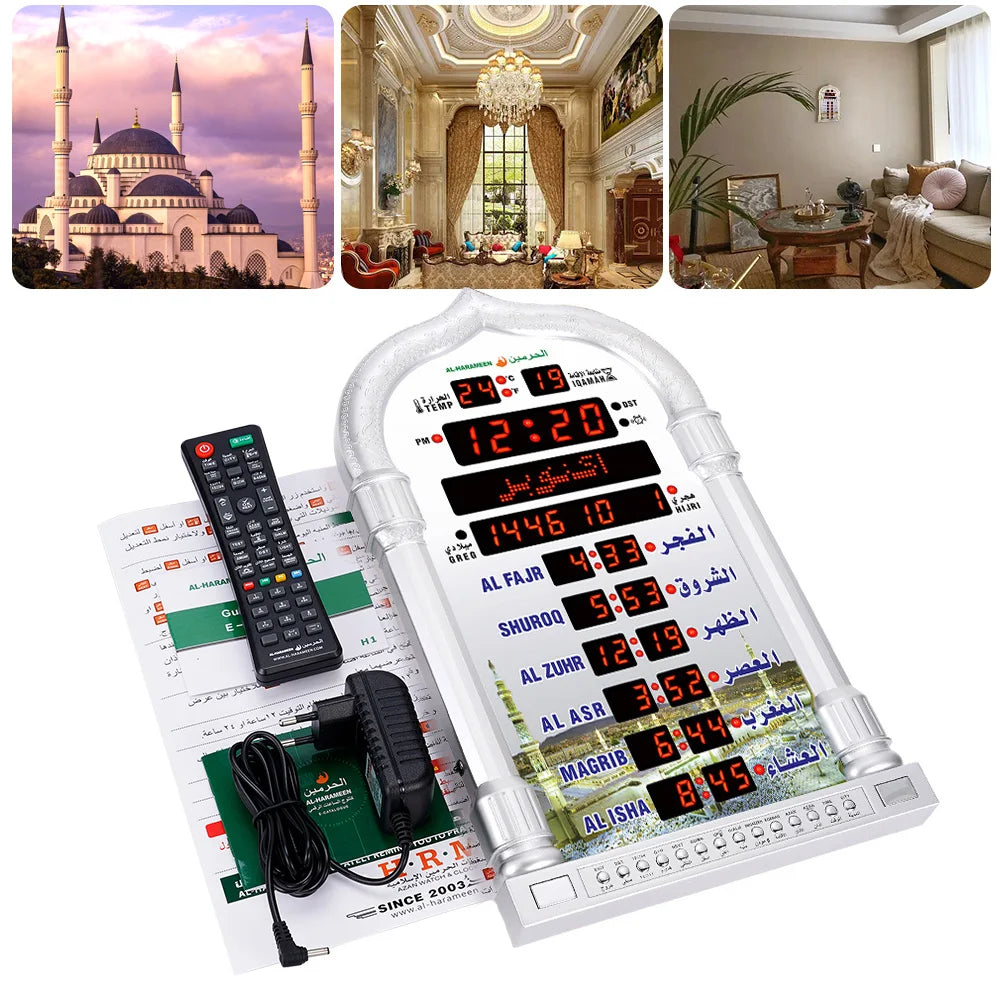 12V Azan Mosque Prayer Clock Islamic Mosque Azan Calendar Muslim Prayer Wall Clock Alarm Ramadan Home Decor Remote Control