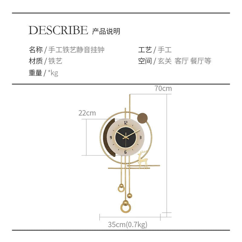 Modern minimalist TV background deer wall clock ,wooden grille decoration with lights hanging clock