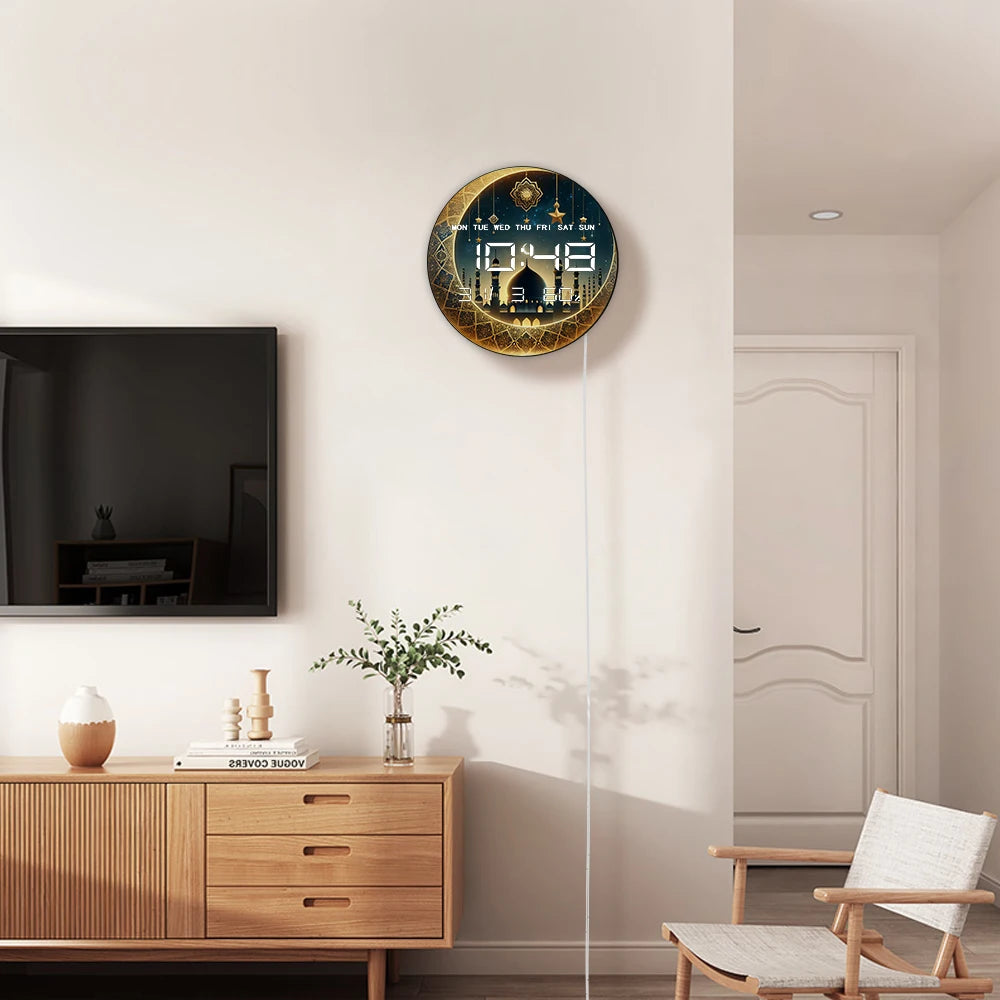 Gold Crescent Moon LED Digital Wall Clock with Timer Date Temperature Islamic Mosque Eid Mubarak Home Decor Electric Wall Clock