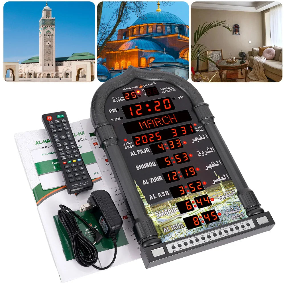 12V USEU Azan Mosque Calendar Muslim Prayer Black Wall Clock Islamic Mosque Azan Calendar Ramadan Home Decor with Remote Control
