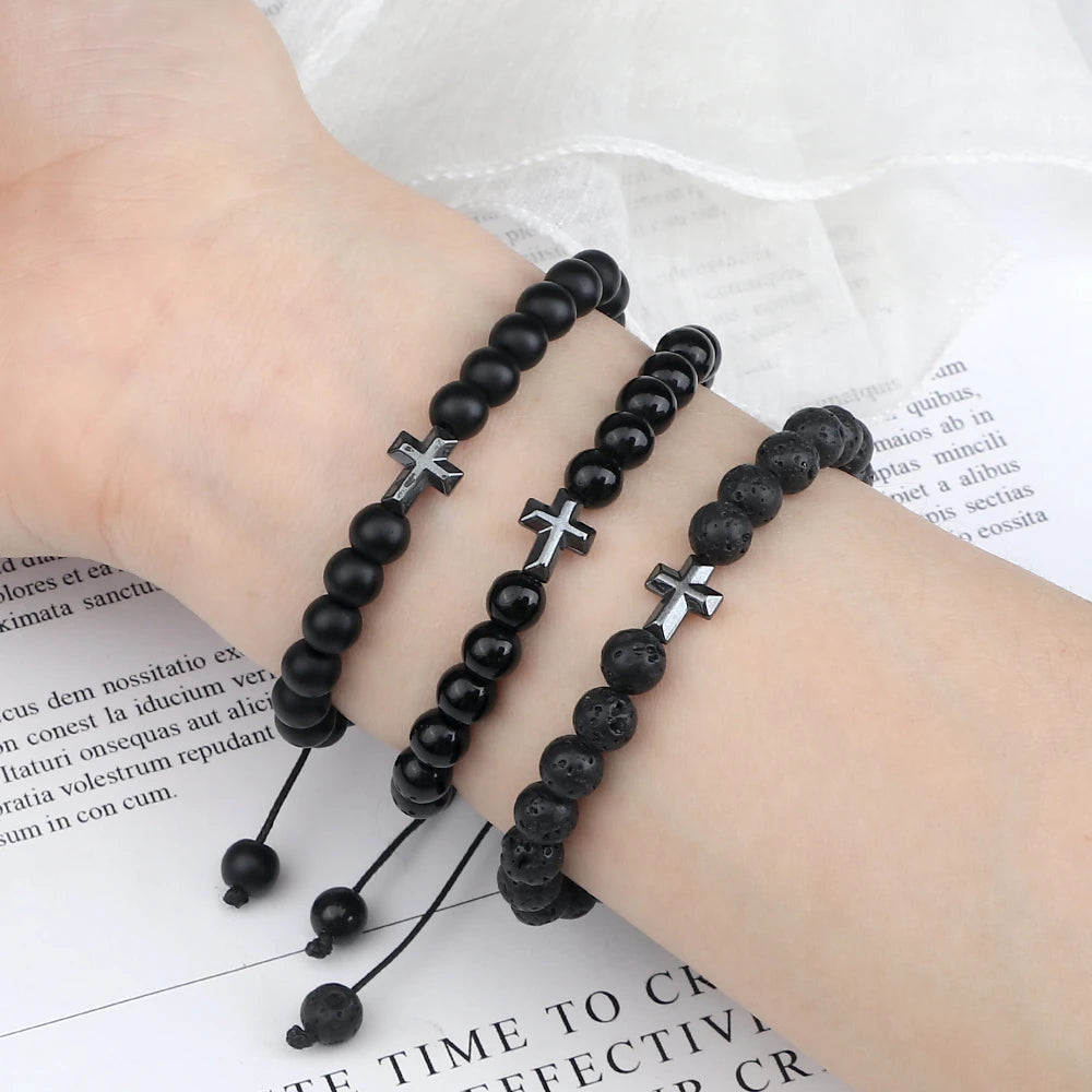 Prayer Men Handmade Woven Bracelet 6mm Natural Tiger Eye Stone Bangle with Hematite Cross Yoga Rosary Jewelry Homme Pulsera Gift