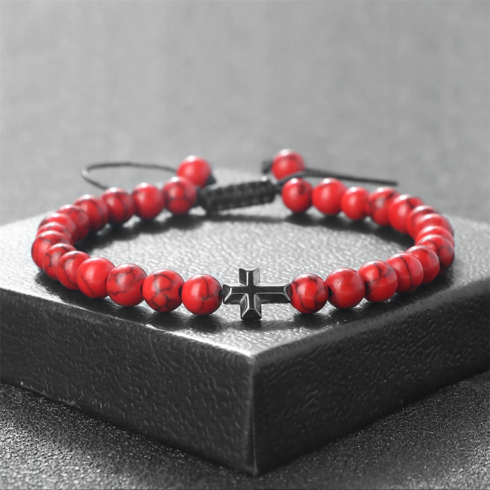 Prayer Men Handmade Woven Bracelet 6mm Natural Tiger Eye Stone Bangle with Hematite Cross Yoga Rosary Jewelry Homme Pulsera Gift