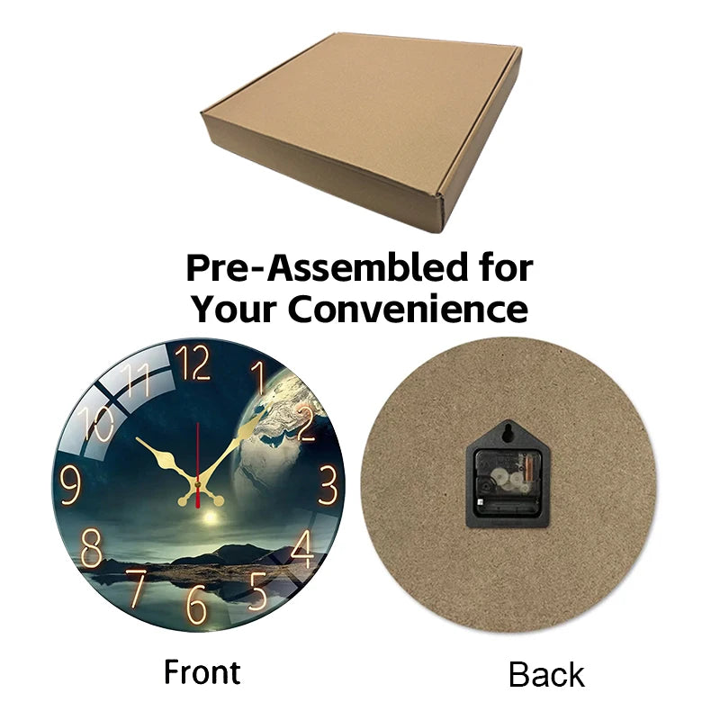 Earth Landscape Wooden Round Silent Hanging Wall Clock, Suitable For Living Room, Office, Study Room, Bedroom, Home Decoration