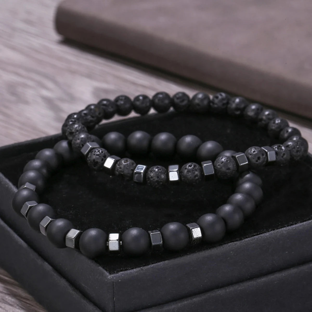 2pcs/set Beaded Bracelet Men 8mm Lava Tiger Eye Stone Bead Charm Men Bracelet Sets Jewelry Gift