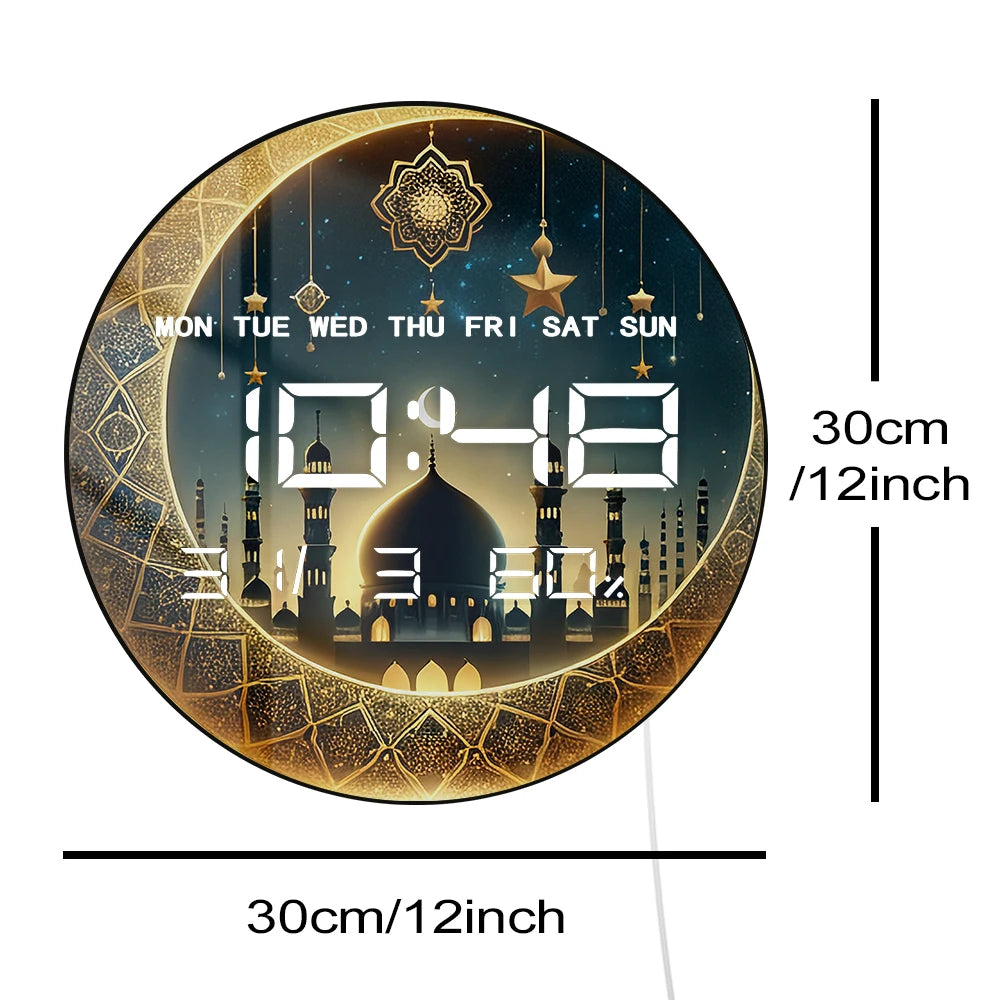 Gold Crescent Moon LED Digital Wall Clock with Timer Date Temperature Islamic Mosque Eid Mubarak Home Decor Electric Wall Clock