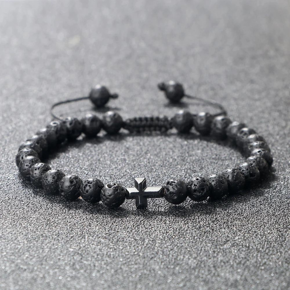 Prayer Men Handmade Woven Bracelet 6mm Natural Tiger Eye Stone Bangle with Hematite Cross Yoga Rosary Jewelry Homme Pulsera Gift