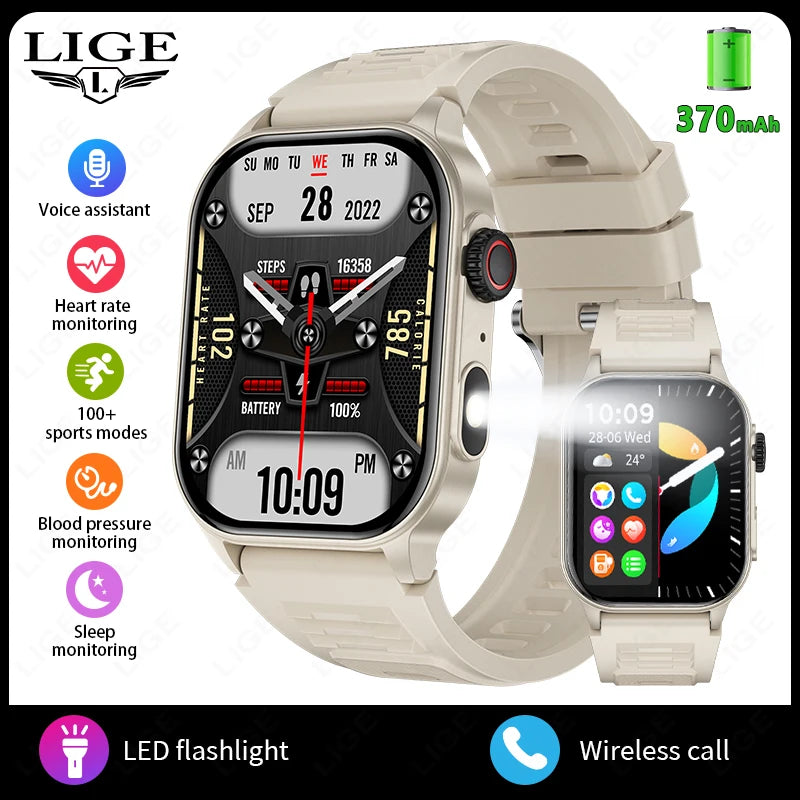 LIGE Smart Watch for Men Women LED Flashlight Full Touch Screen Sport Fitness Watches BT Call Digital Smartwatch Wristwatch New