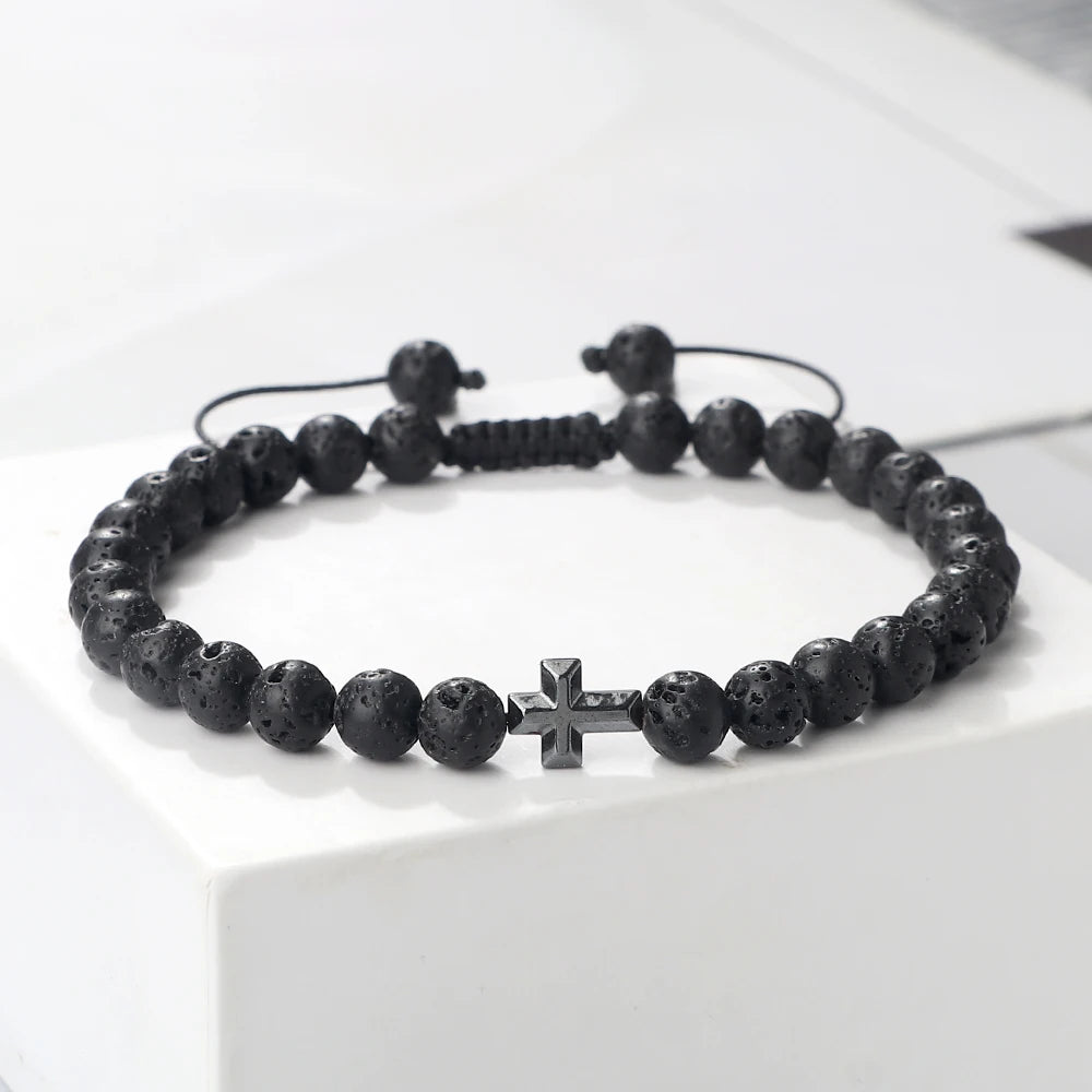 Prayer Men Handmade Woven Bracelet 6mm Natural Tiger Eye Stone Bangle with Hematite Cross Yoga Rosary Jewelry Homme Pulsera Gift