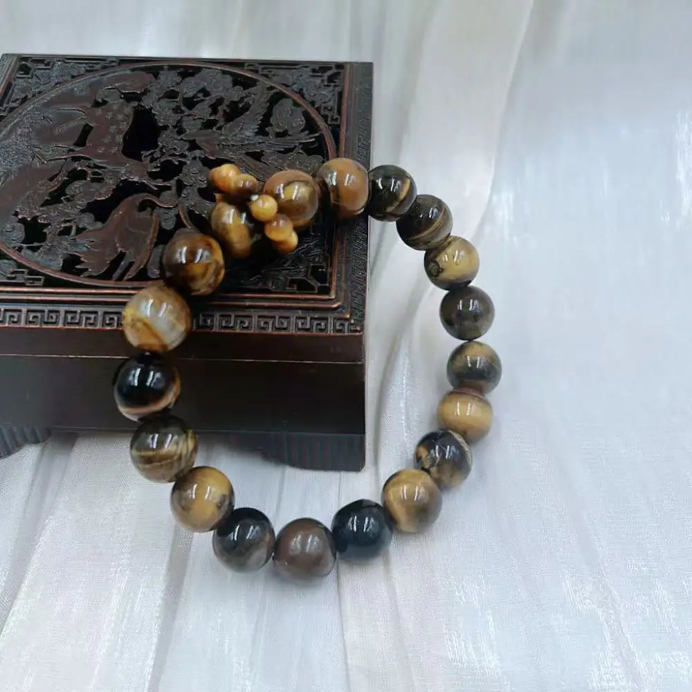 10mm New Style Ring in Ring Energy Yellow Tiger Eye Men Round Natural Gemstone Beads Jewelry Elastic Bracelet 7-8"