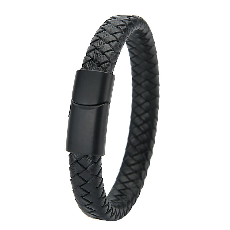 Mibrow Braided Black Leather Men Bracelet 10x5 12x6mm Size Fashion Metal Magnetic Clasp Wrap Bracelets Punk Charm Men Jewelry