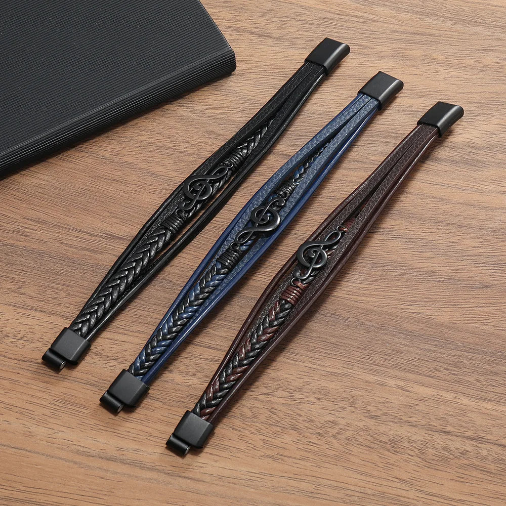 Men's Musical Symbol Leather Bracelet Vintage Creative Men's Bracelet Music Symbol Simple Leather Multi-Layer Bracelet