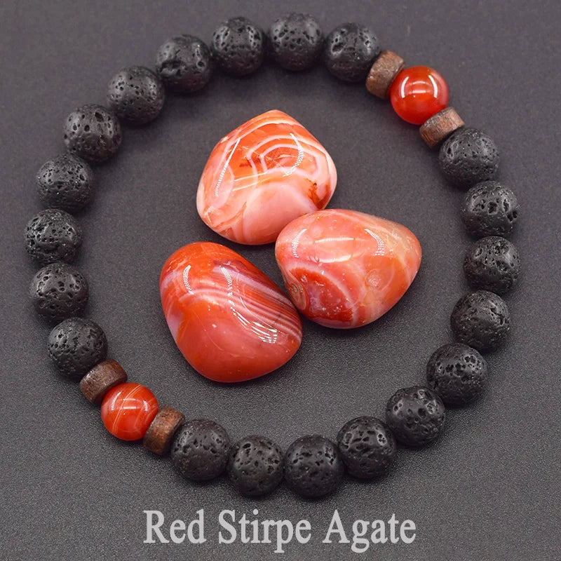 Natural Stone Red Stripe Agate Beads Bracelet Women Men Genuine Red Carnelian Round Bangle Natural Volcanic Stone Bracelet Gift